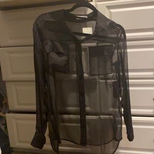 Equipment, black, sheer, long sleeve blouse.